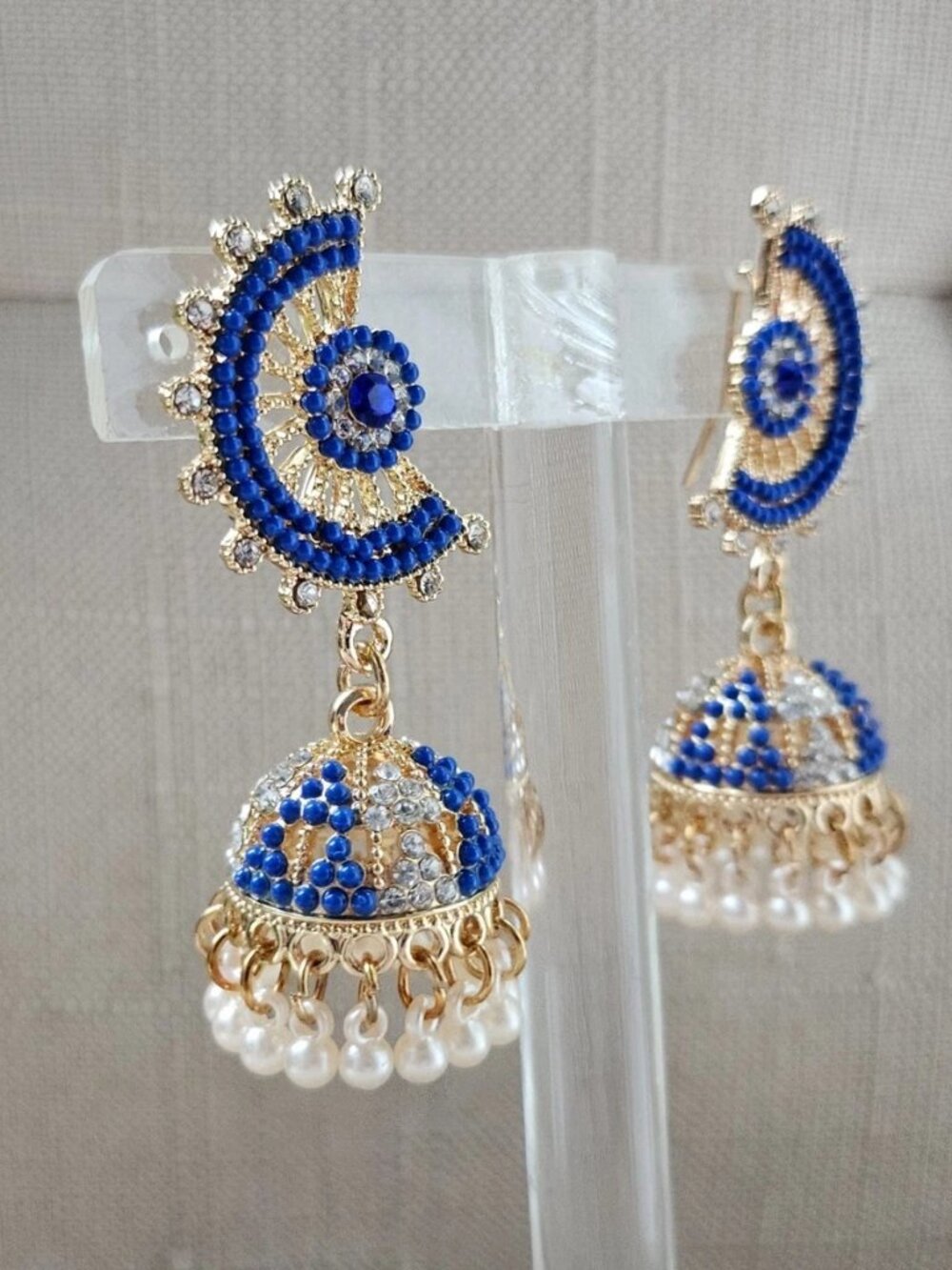 Jhumka Earrings Blue Tone Bead Gold Tone Chandelier High Quality Fashion Jewelry - Picture 2 of 12